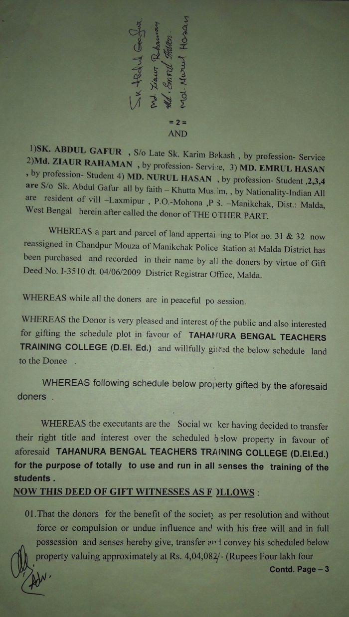 Land Deed – TAHANURA BENGAL TEACHERS’ TRAINING COLLEGE